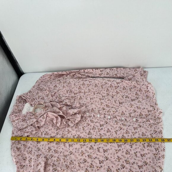Cino XL Pink Floral Ruffle Blouse Button Down Tie Neck Smocked Peasant - Picture 4 of 8